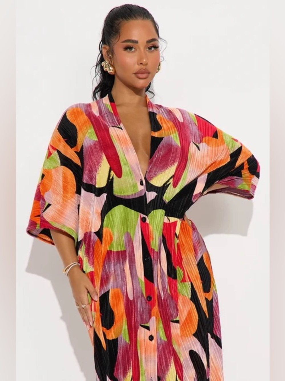 Fashion Nova Neon Abstract Button-Front Dress in Orange Pink Green Black - Picture 2 of 5